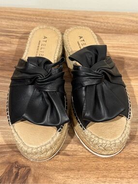 Ateliers Spain Black Leather Bow Platform Espadrille Slide Sandals 37